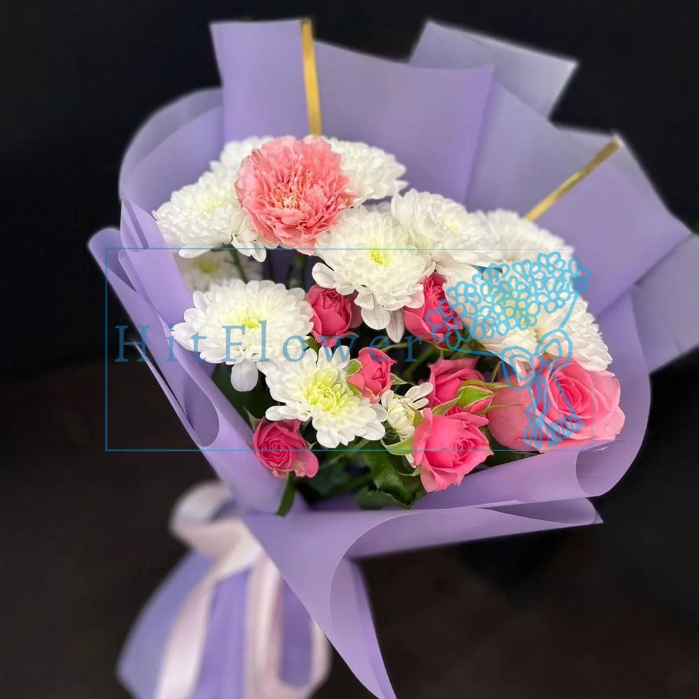 Букет цветов из: Гвоздики, Розы и Хризантемы